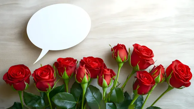 Rote Rosen mit Sprechblase auf Holzoberfläche