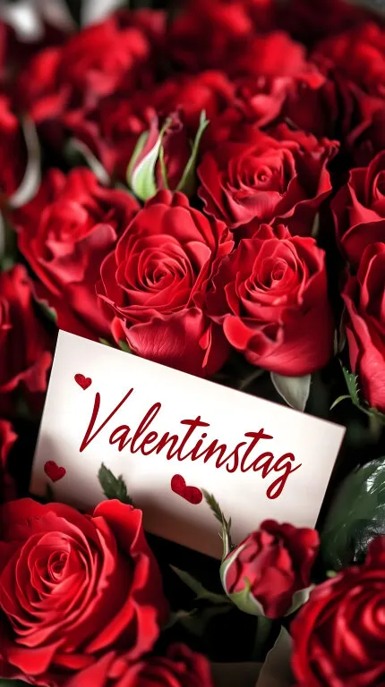 Rote Rosen und Grußkarte zum Valentinstag