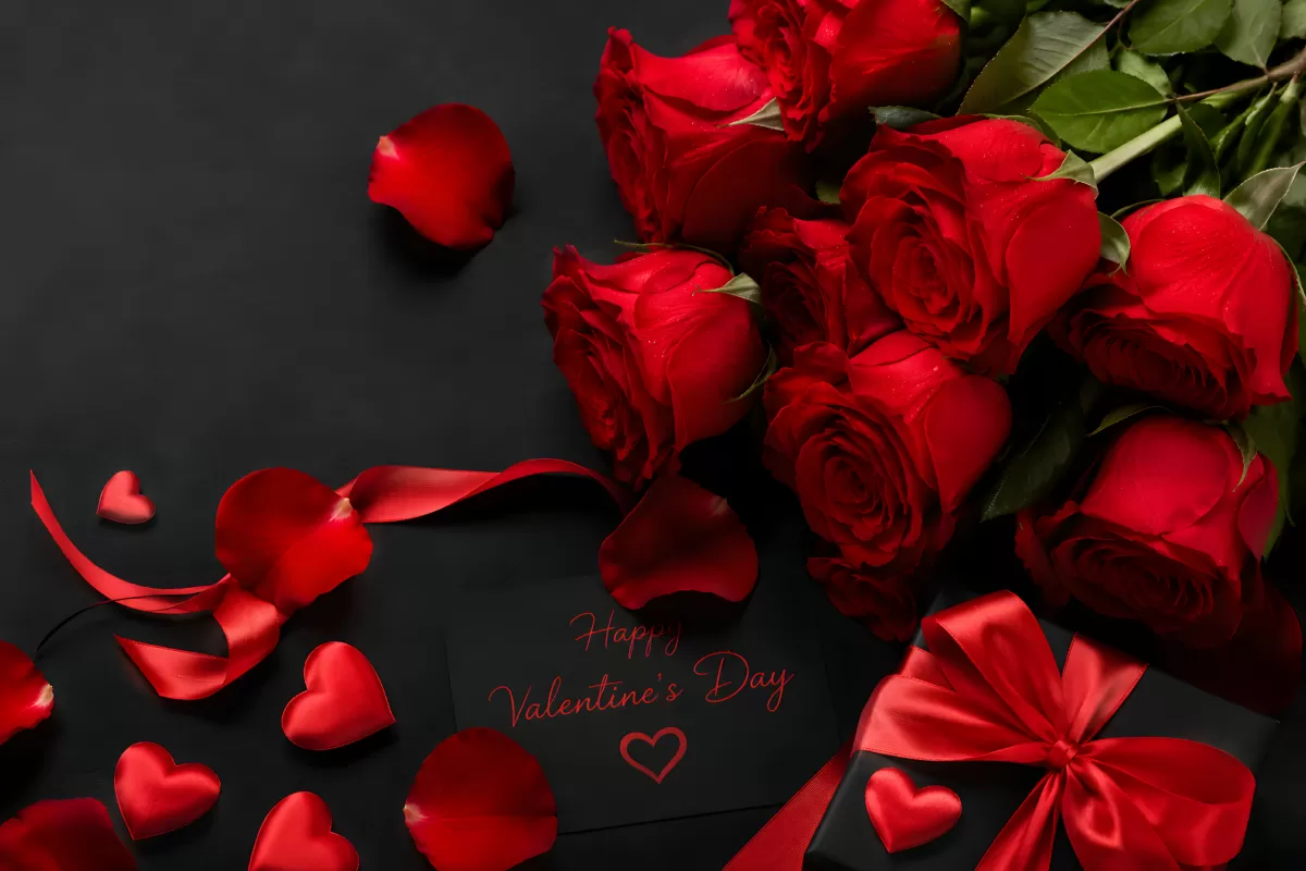 Rote Rosen und Valentinstag-Karte auf dunklem Hintergrund