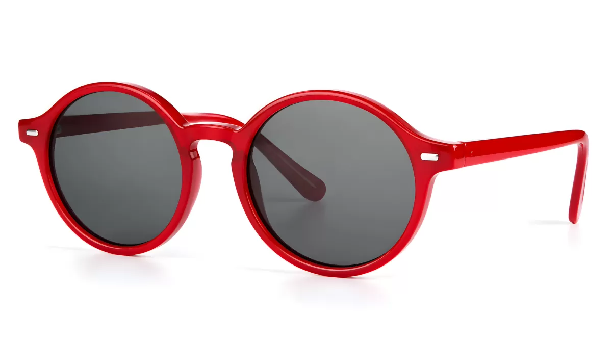 Rote runde Sonnenbrille mit grauen Gläsern