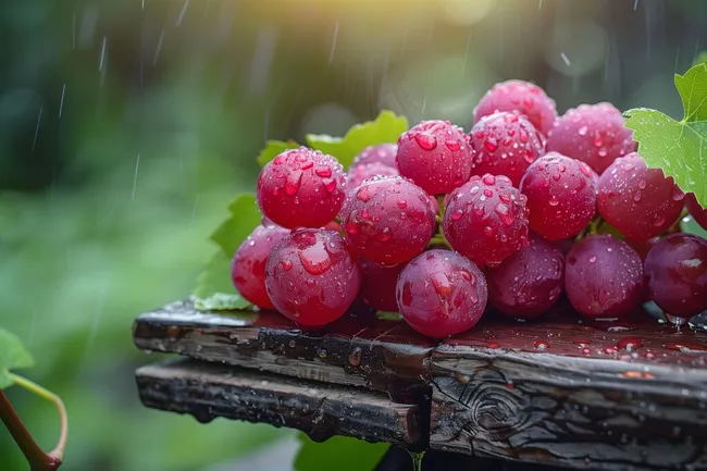 Rote saftige Weintrauben im Regen