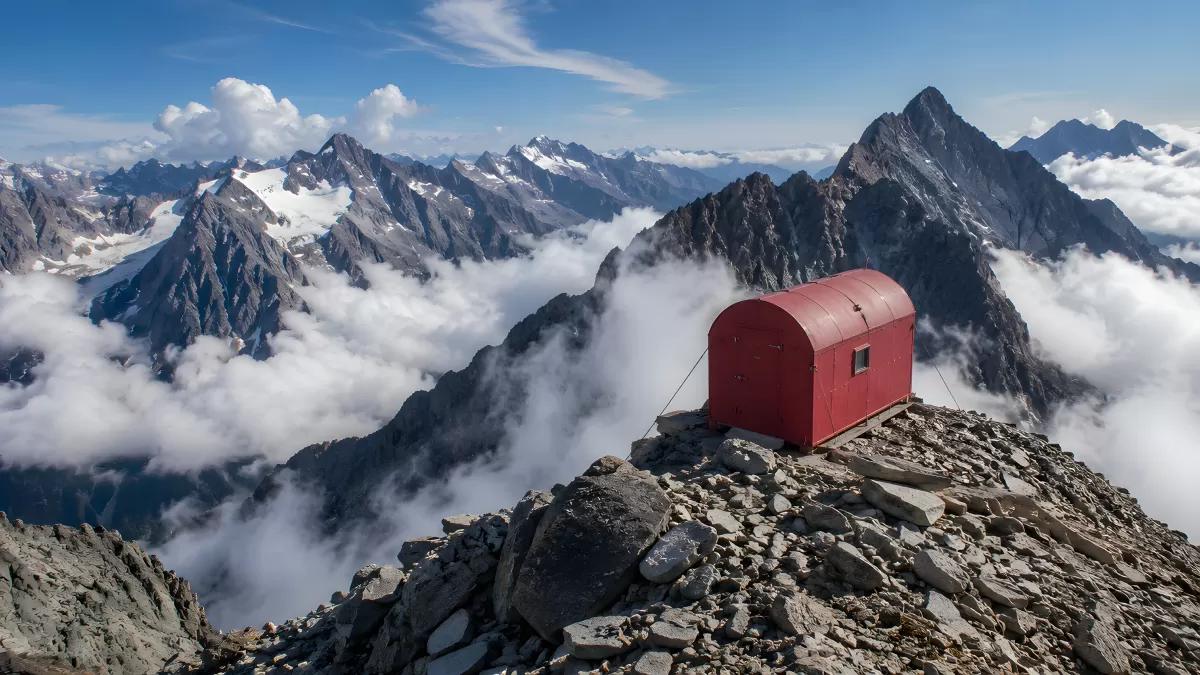 Rote Schutzhütte auf Berggipfel über den Wolken