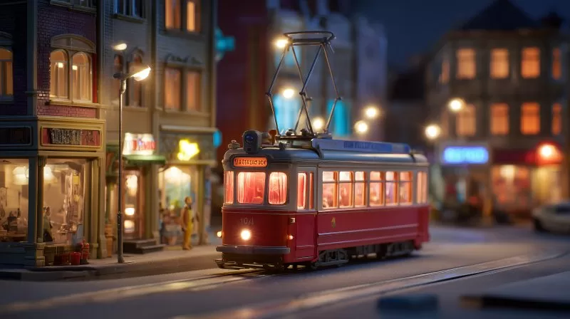 Rote Spielzeugstraßenbahn bei Nacht in Miniaturstadt