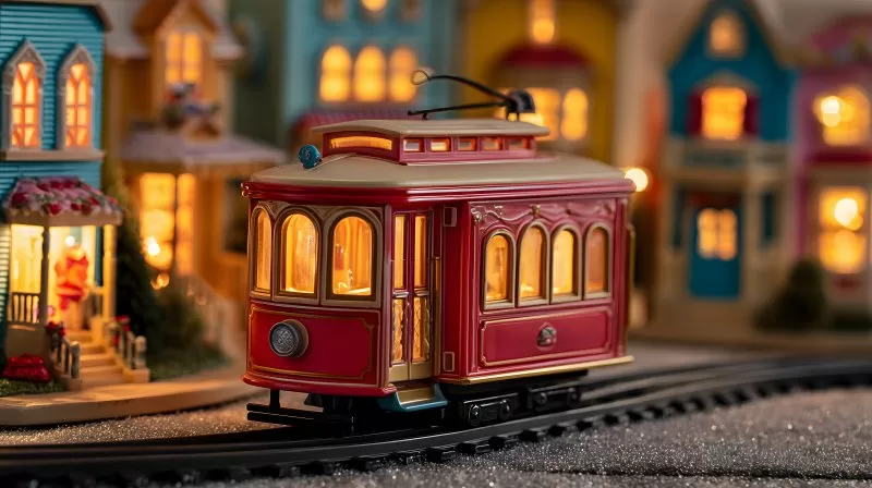 Rote Spielzeugstraßenbahn in Miniaturstadt bei Nacht