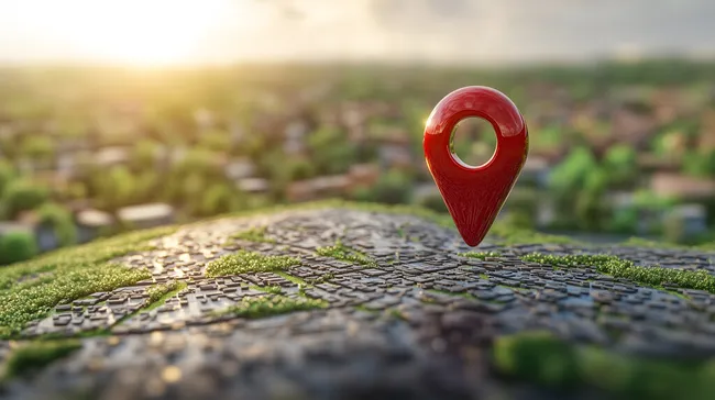 Rote Standort-Pin auf 3D-Stadtplan bei Sonnenuntergang