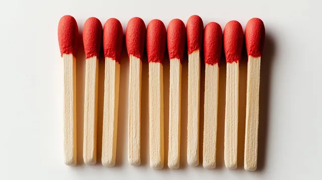 Rote Streichhölzer in Reihe auf hellem Hintergrund