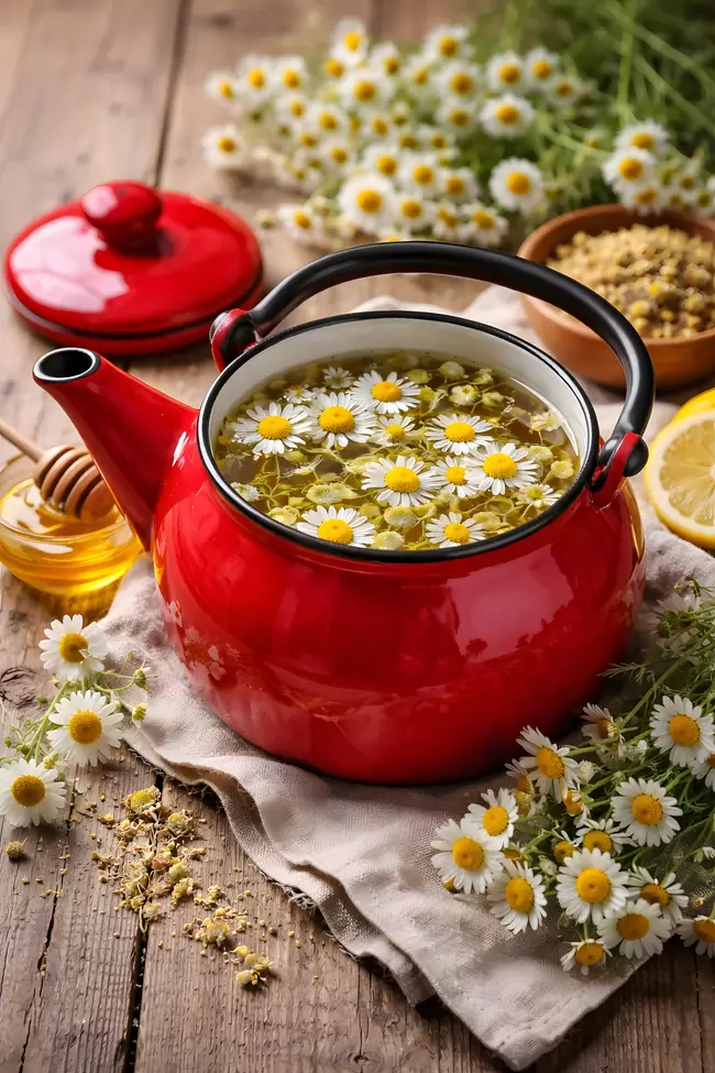 Rote Teekanne mit Kamillenblüten: Gemütliches Teegenuss-Arrangement