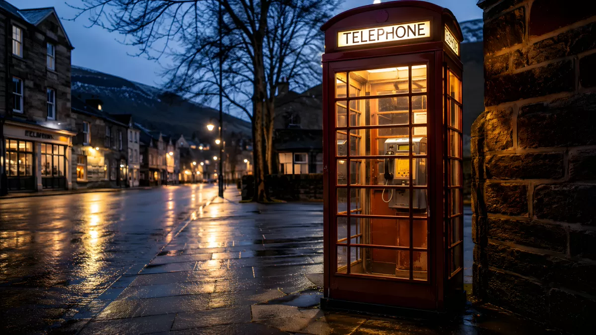 Rote Telefonzelle in regnerischer Abendstimmung