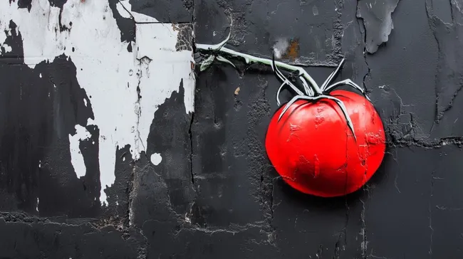 Rote Tomate mit Stiel vor Schwarzer Steinwand