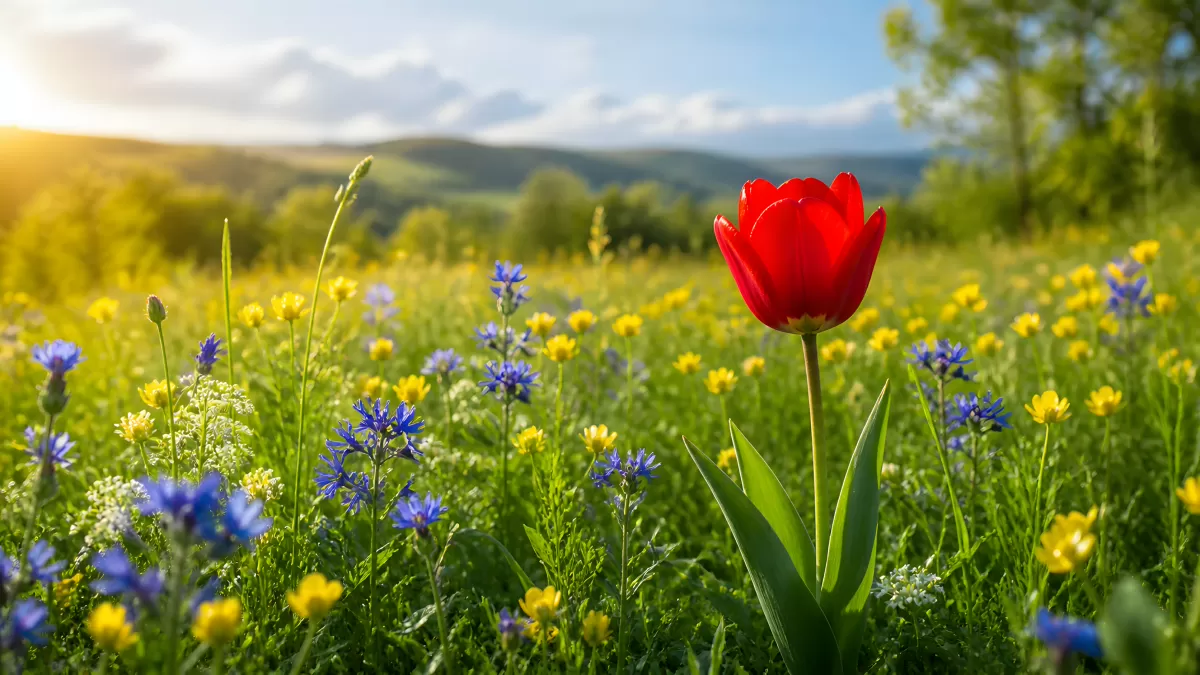 Rote Tulpe auf blühender Frühlingswiese im Sonnenlicht