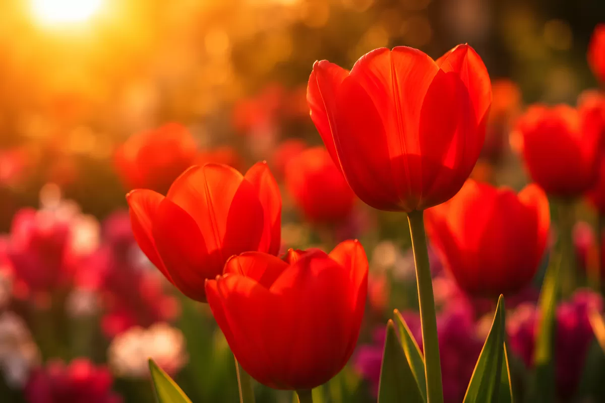 Rote Tulpen im warmen Sonnenlicht eines Frühlingstages
