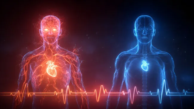 Rote und blaue Menschenkörper mit Herzschlag-Diagramm