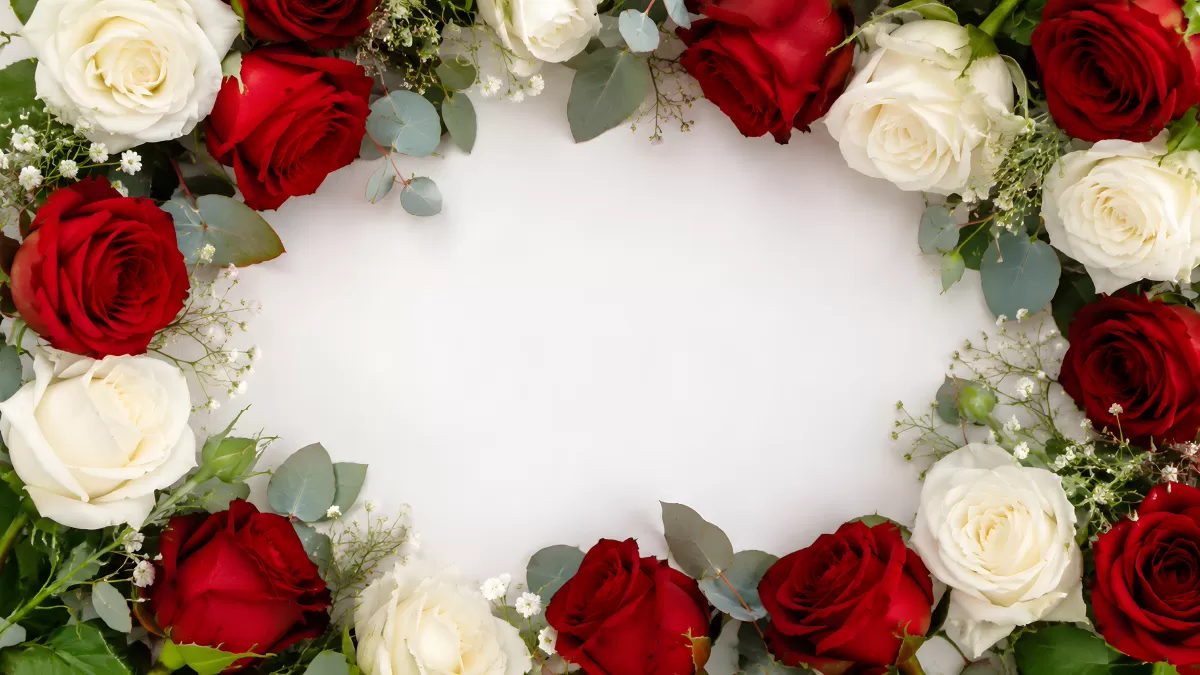 Rote und weiße Rosen als eleganter Blumenrahmen