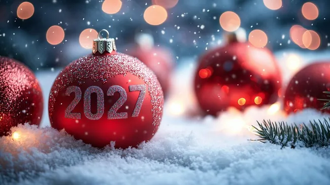Rote Weihnachtskugeln mit 2027 im Schneehaufen