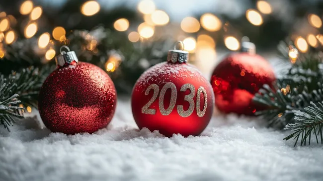Rote Weihnachtskugeln mit Jahresanzeige 2030 auf verschneiter Tanne