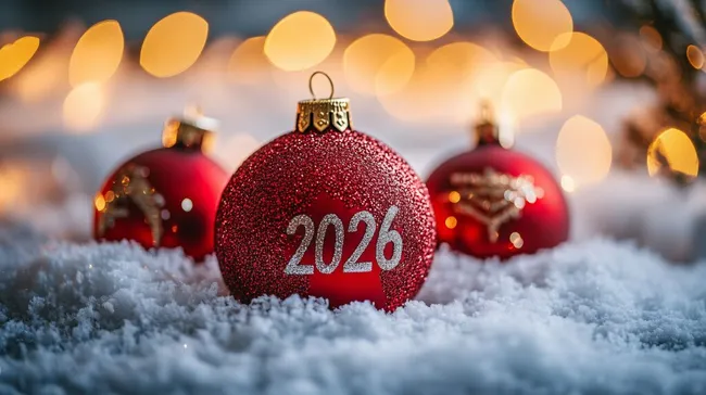 Rote Weihnachtskugeln mit Silber-2026-Aufdruck im Schnee