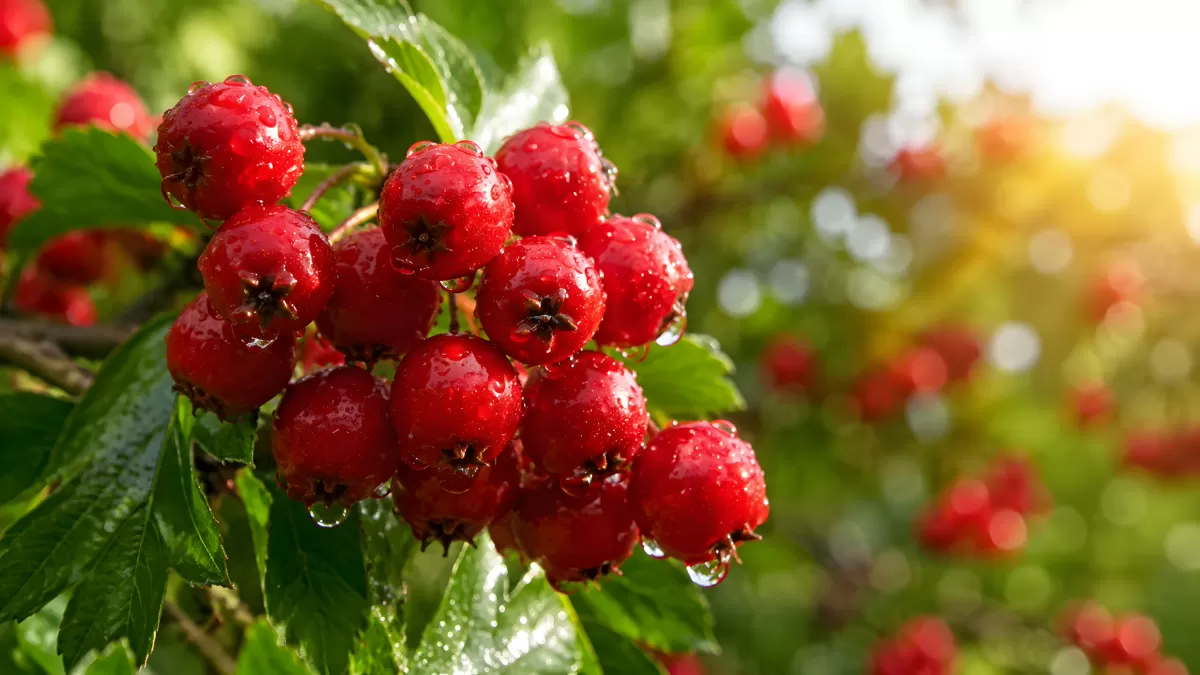 Rote Weißdornbeeren mit Wassertropfen im Sonnenlicht