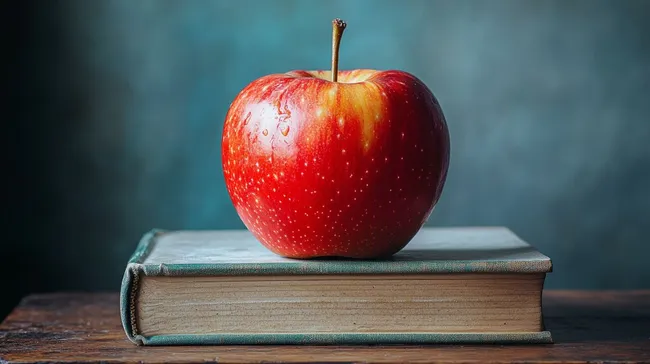 Roter Apfel auf historischem Buch - Symbolik der Bildung
