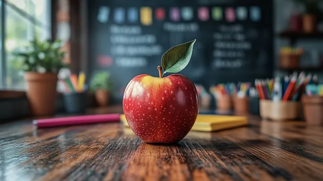 Roter Apfel auf Lehrertisch im Klassenzimmer