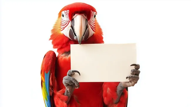 Roter Ara hält Werbeschild auf weißem Hintergrund