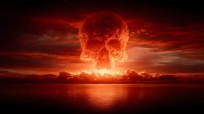 Roter Atompilz-Schatten über strahlendem Meer