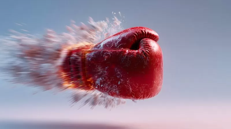 Roter Boxhandschuh durchbricht Wand mit voller Wucht