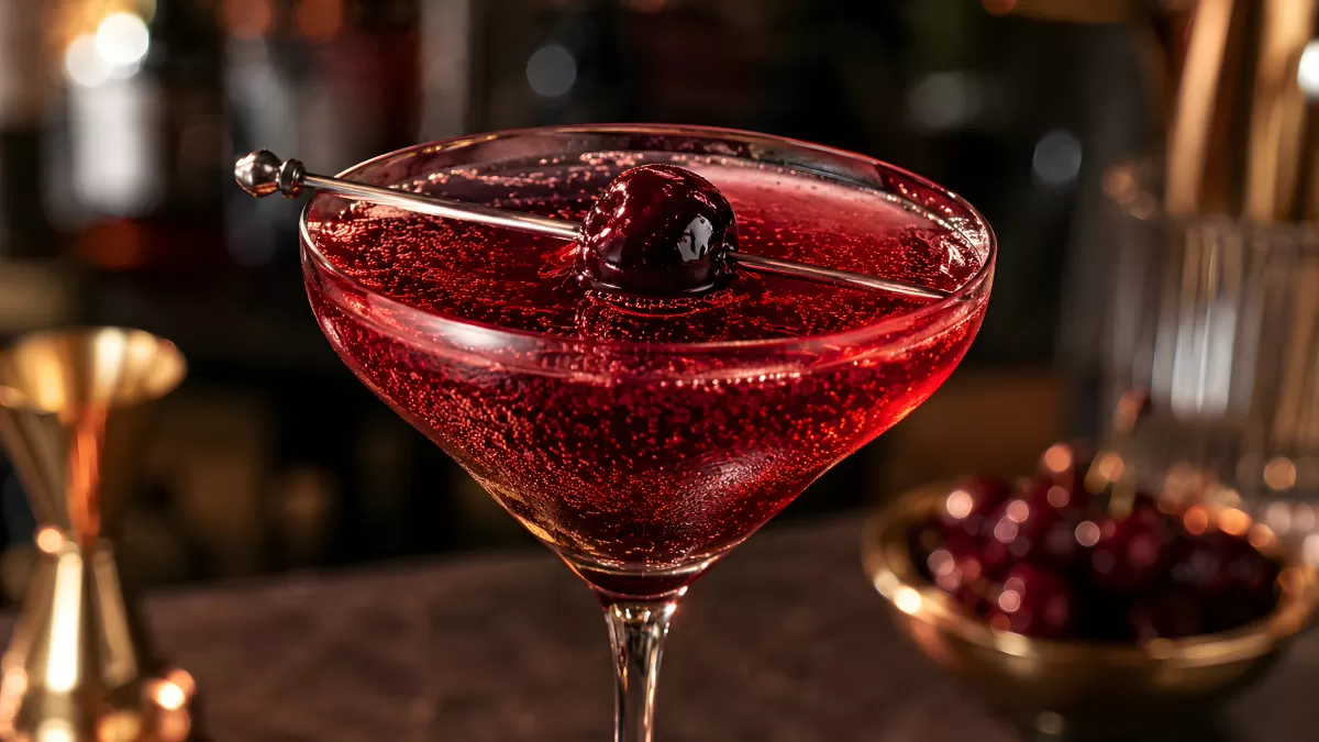 Roter Cocktail im Martiniglas mit Kirsche