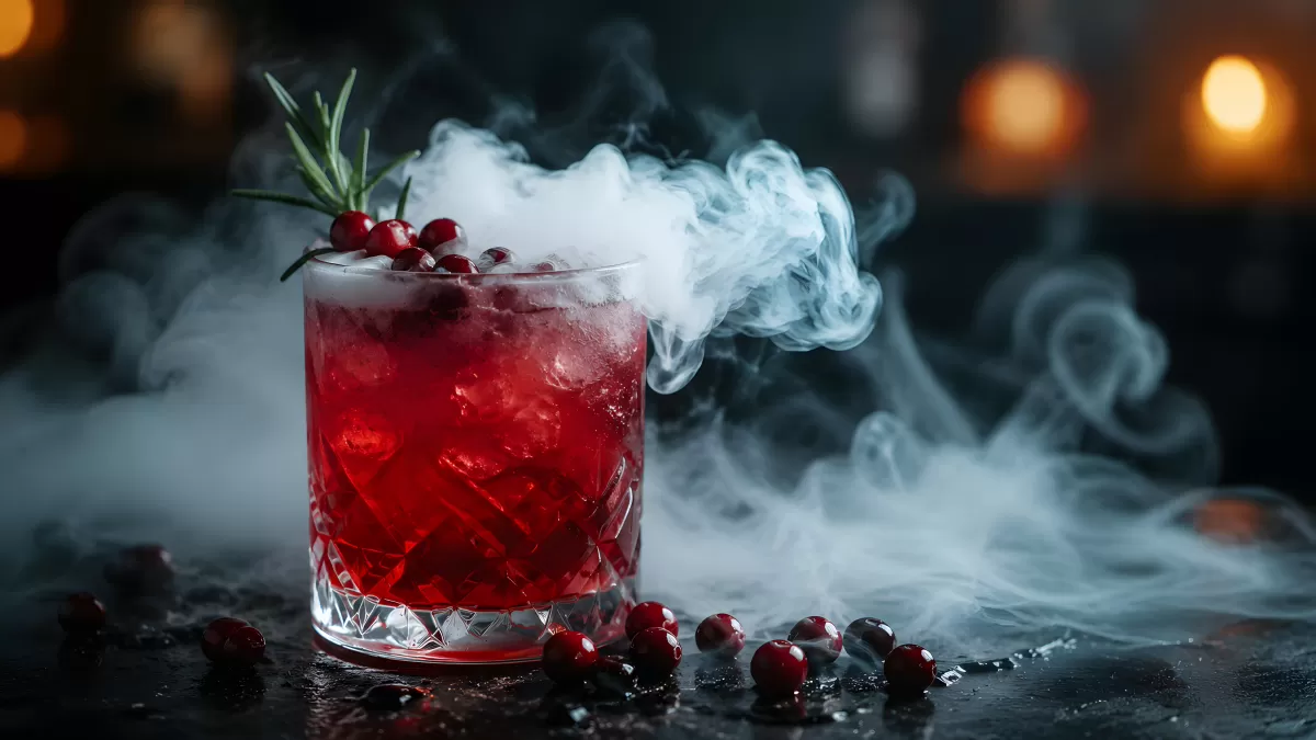 Roter Cranberry-Cocktail mit Trockeneis und Rosmarin