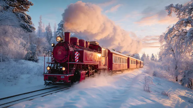 Roter Dampfzug in verschneiter Winterlandschaft