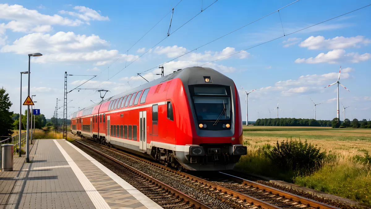Roter Doppelstockzug fährt in ländlichen Bahnhof ein