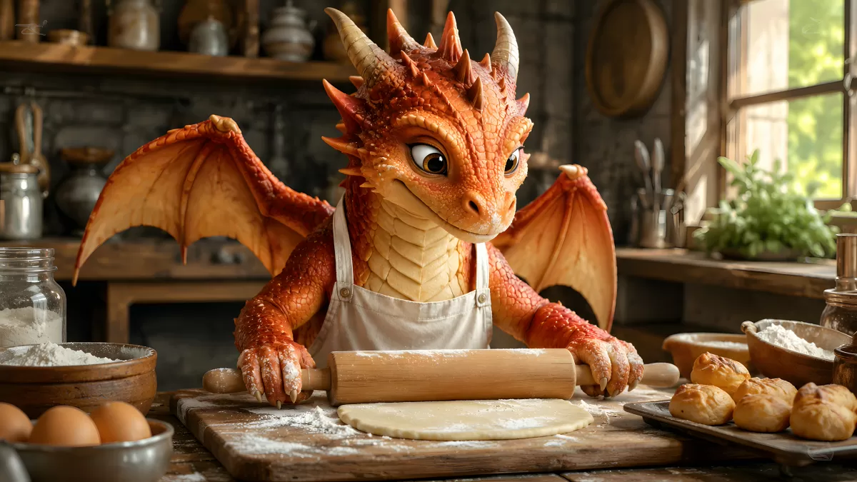 Roter Drache mit Schürze backt Brot in Küche