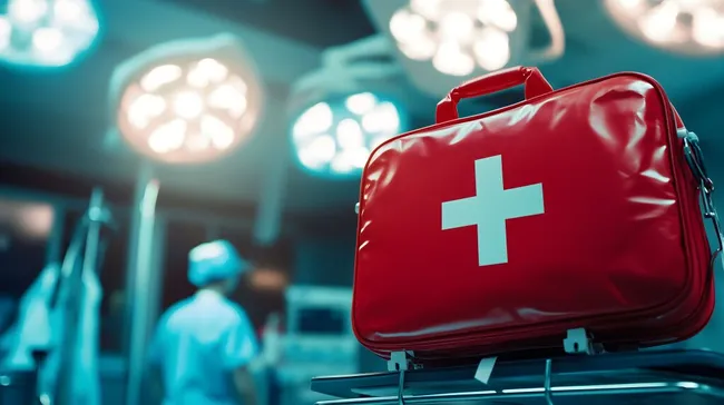 Roter Erste-Hilfe-Koffer für Notfälle im OP-Saal