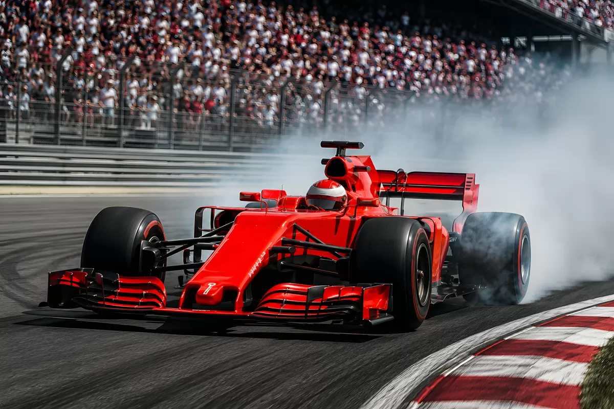 Roter Formel-1-Rennwagen bei spektakulärer Kurvenfahrt