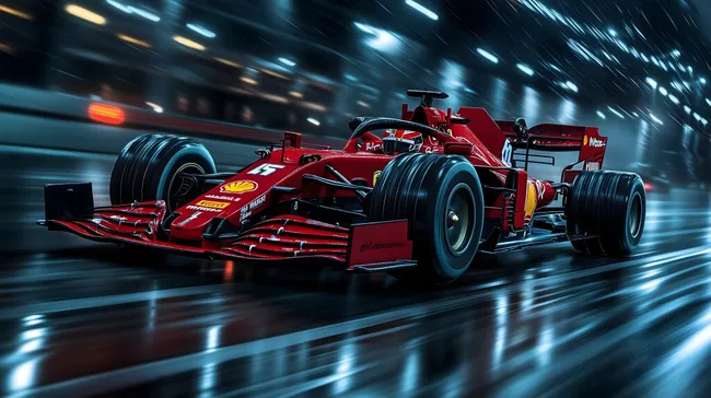 Roter Formel-1-Rennwagen in blitzschneller Fahrt