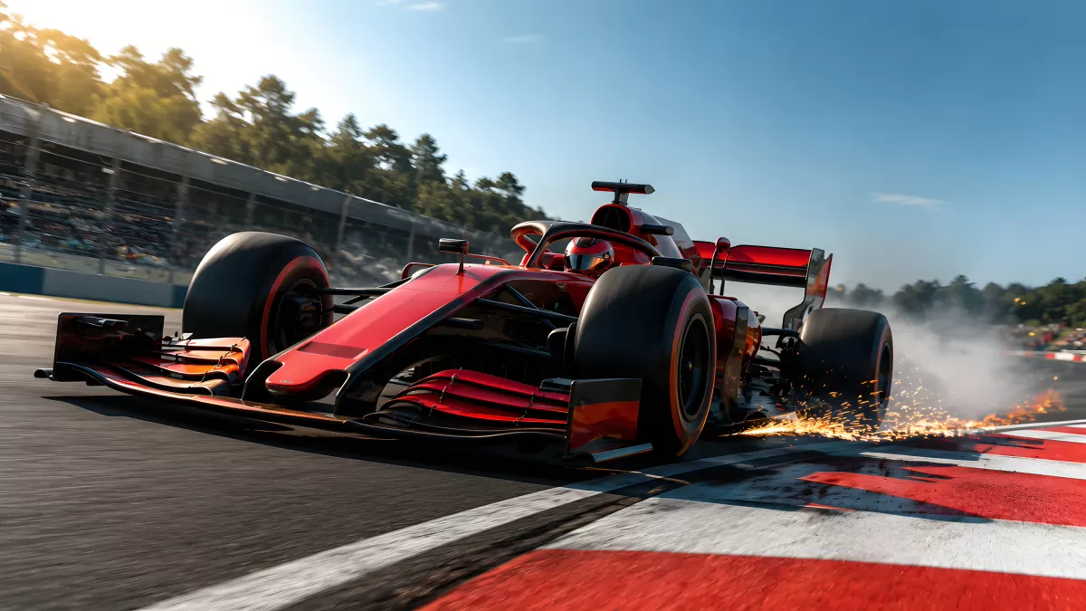 Roter Formel-1-Rennwagen mit Funkenflug auf der Rennstrecke