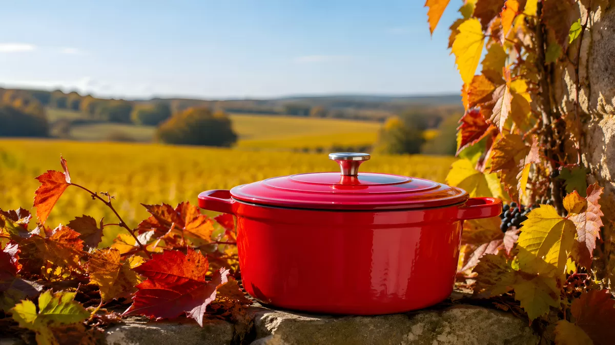 Roter Gusseisentopf auf Steinmauer im Herbstweinberg