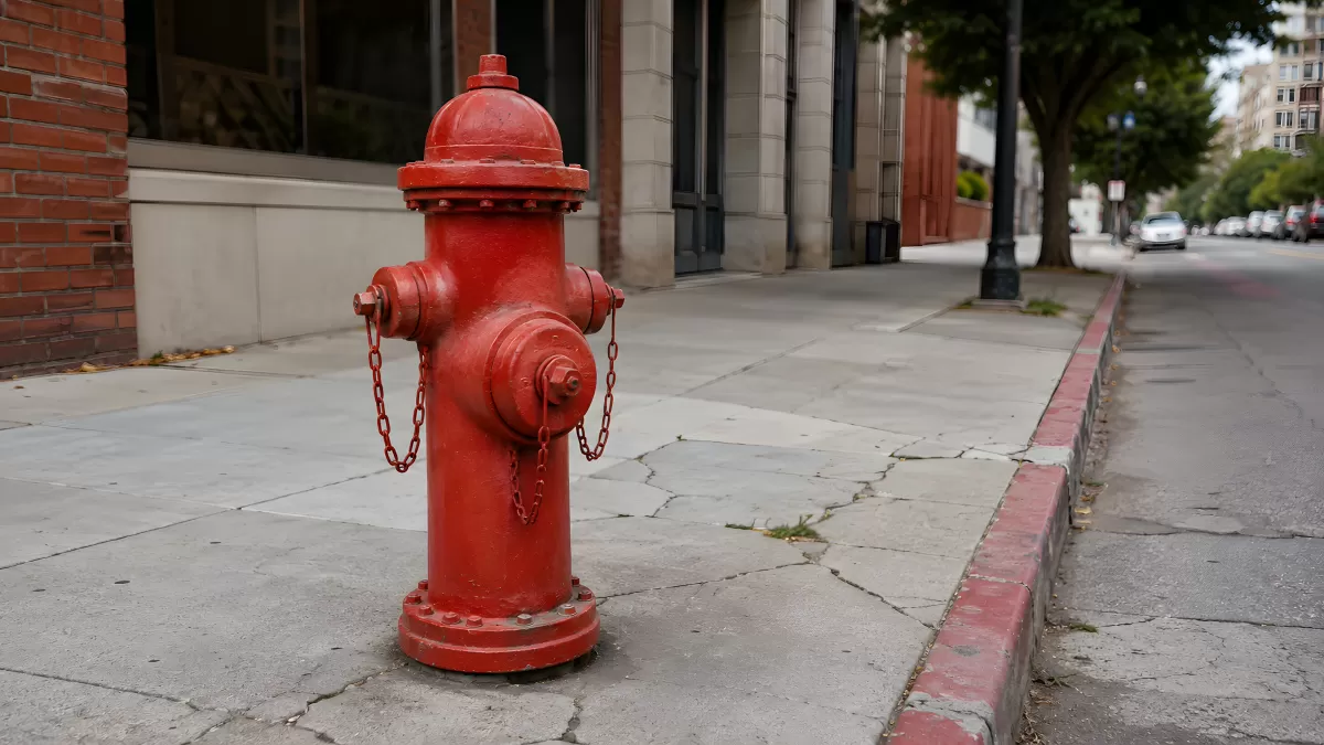 Roter Hydrant auf einem Bürgersteig in der Stadt