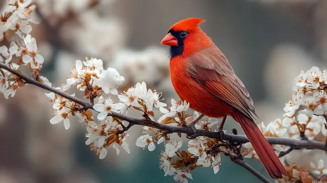 Roter Kardinal in blühender Kirschblütenlandschaft