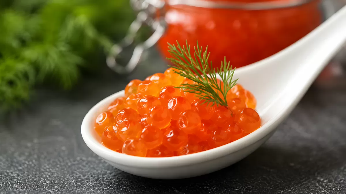 Roter Lachskaviar auf weißem Porzellanlöffel