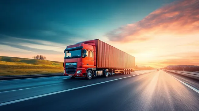 Roter Lastwagen fährt auf Autobahn bei Sonnenuntergang