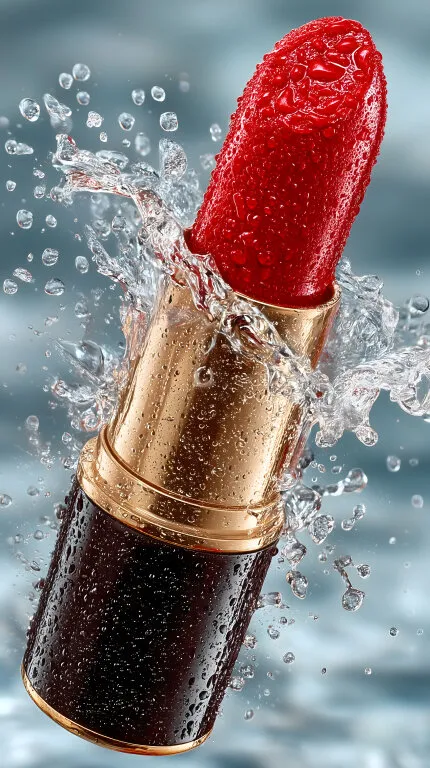 Roter Lippenstift mit Wassertropfen in goldenem Gehäuse