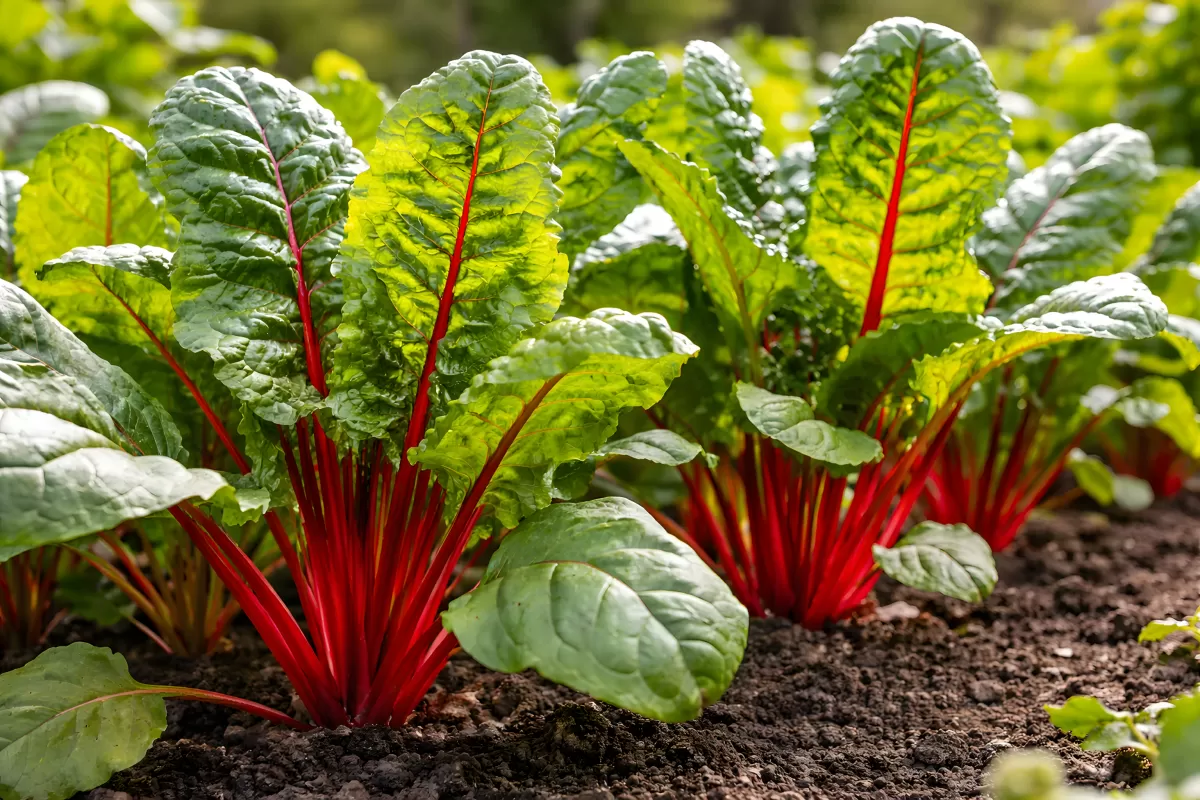 Roter Mangold wächst in Reihen im Gemüsebeet