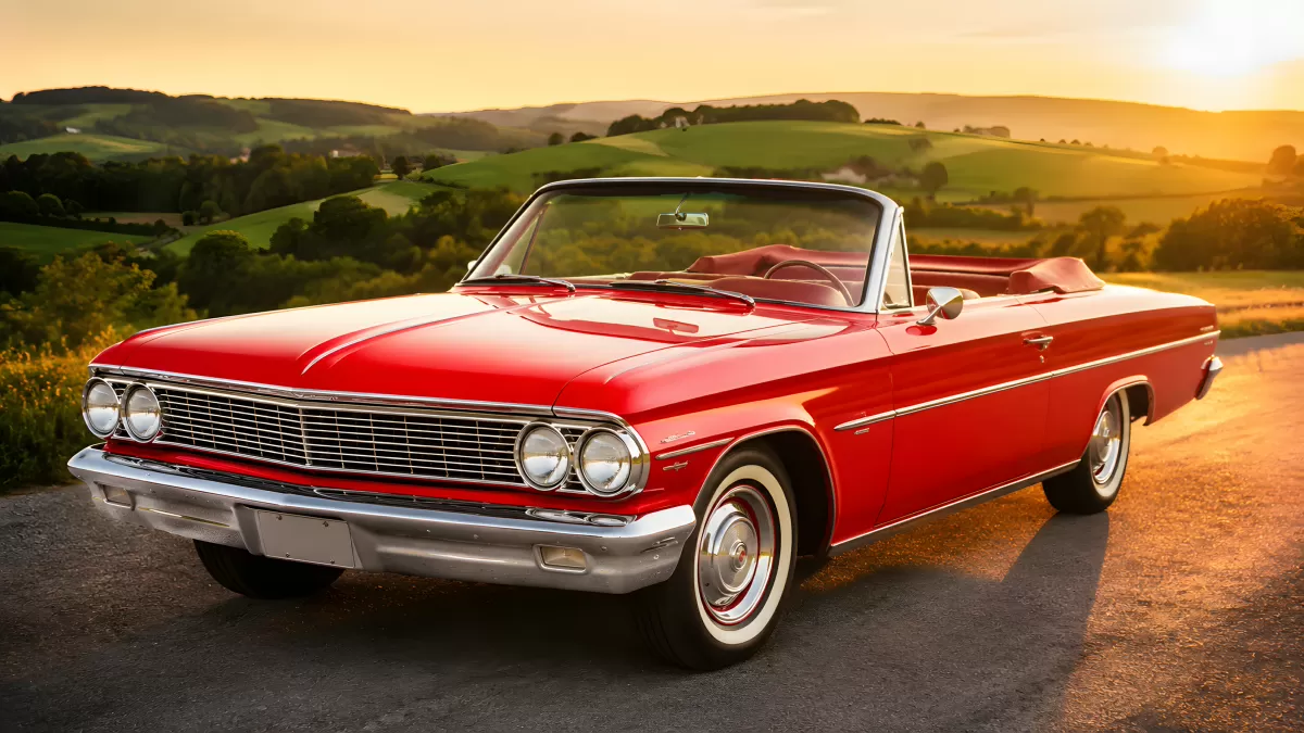 Roter Oldtimer-Cabrio auf Landstraße im Sonnenuntergang