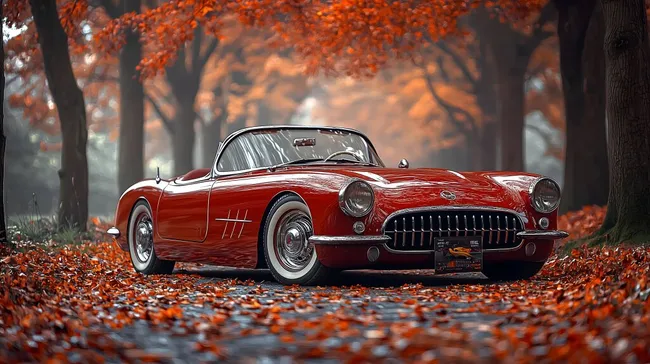 Roter Oldtimer in herbstlichem Wald