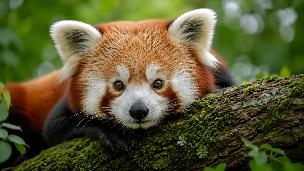Roter Panda liegt auf bemoostem Waldast