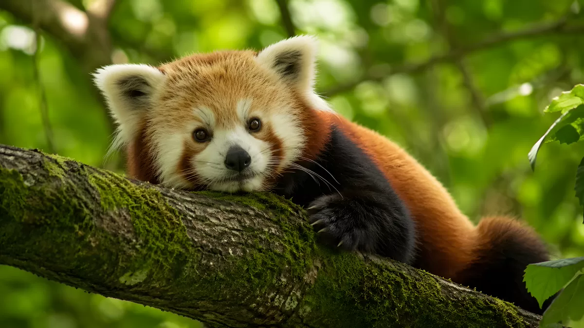 Roter Panda ruht auf bemoostem Ast im Wald