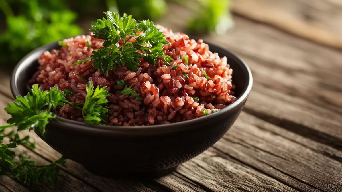 Roter Reis in schwarzer Schale mit Petersilie