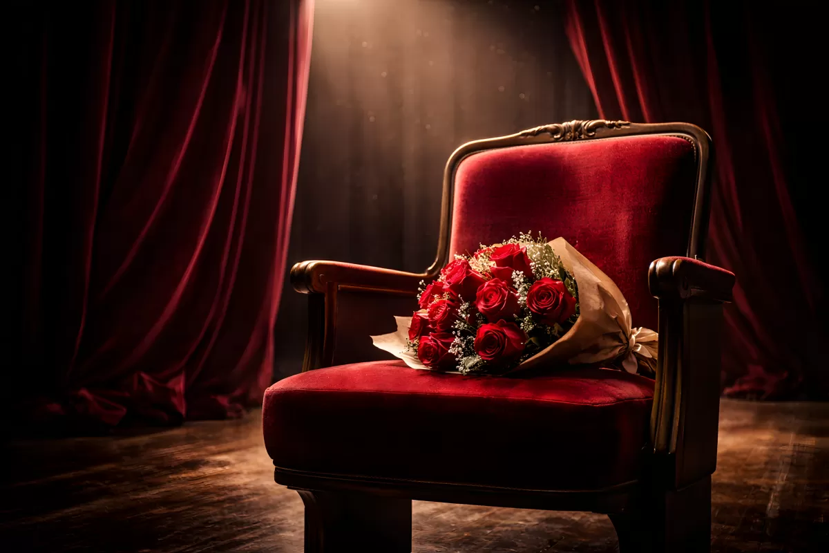Roter Samtsessel mit Rosenstrauß auf Theaterbühne