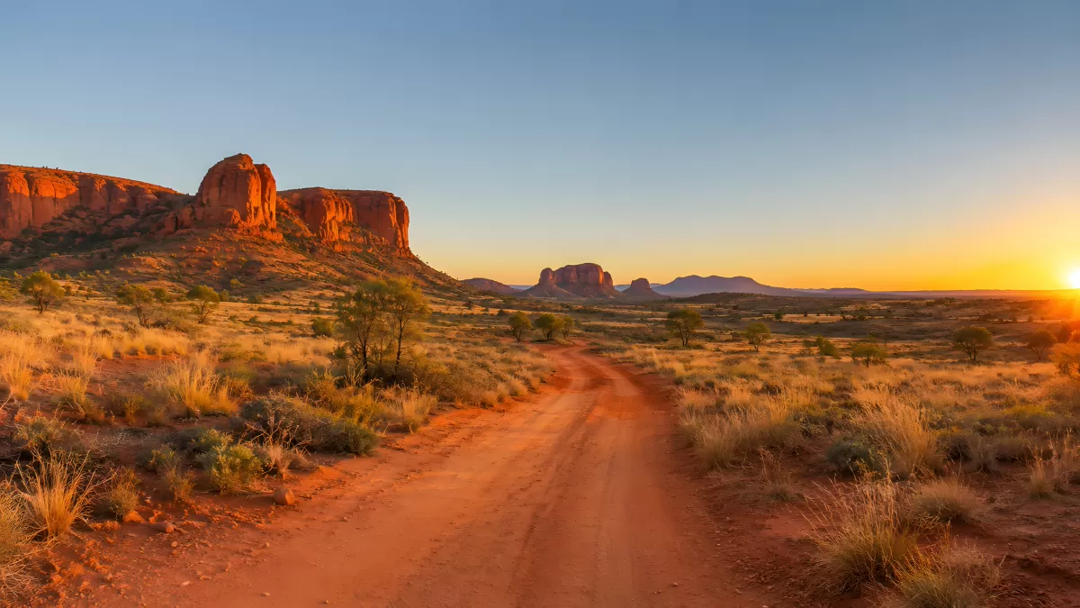 Roter Sandweg durch die Wüste bei Sonnenuntergang