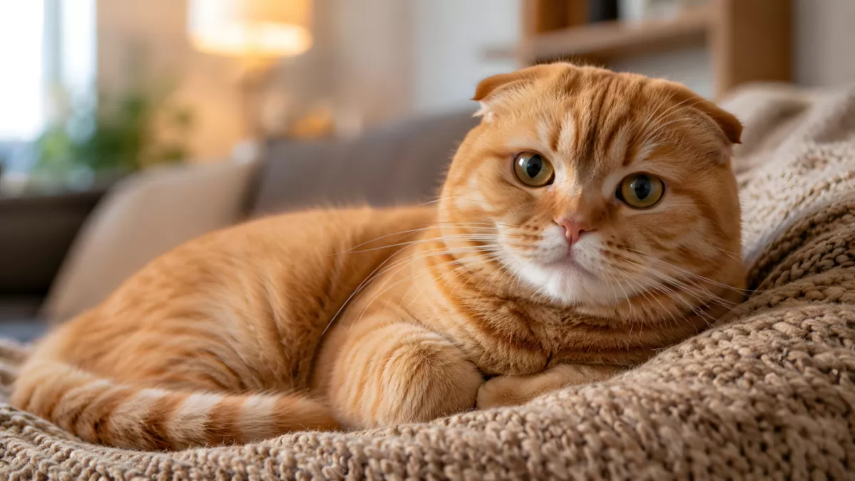Roter Scottish Fold Kater entspannt auf Wolldecke